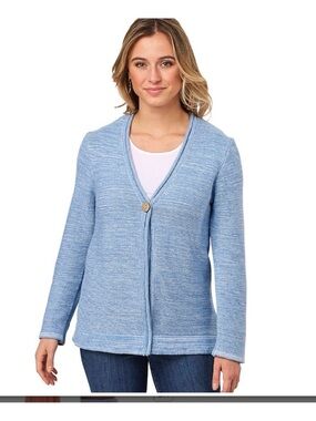 NorthStyle Women's 1X Blue White Marled Knit Cotton Cardigan Sweater